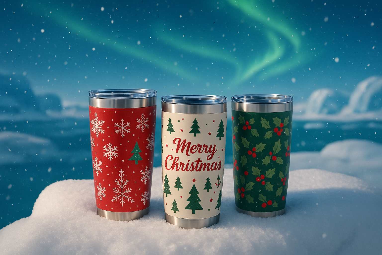 custom Christmas tumblers on a snowbank northpole