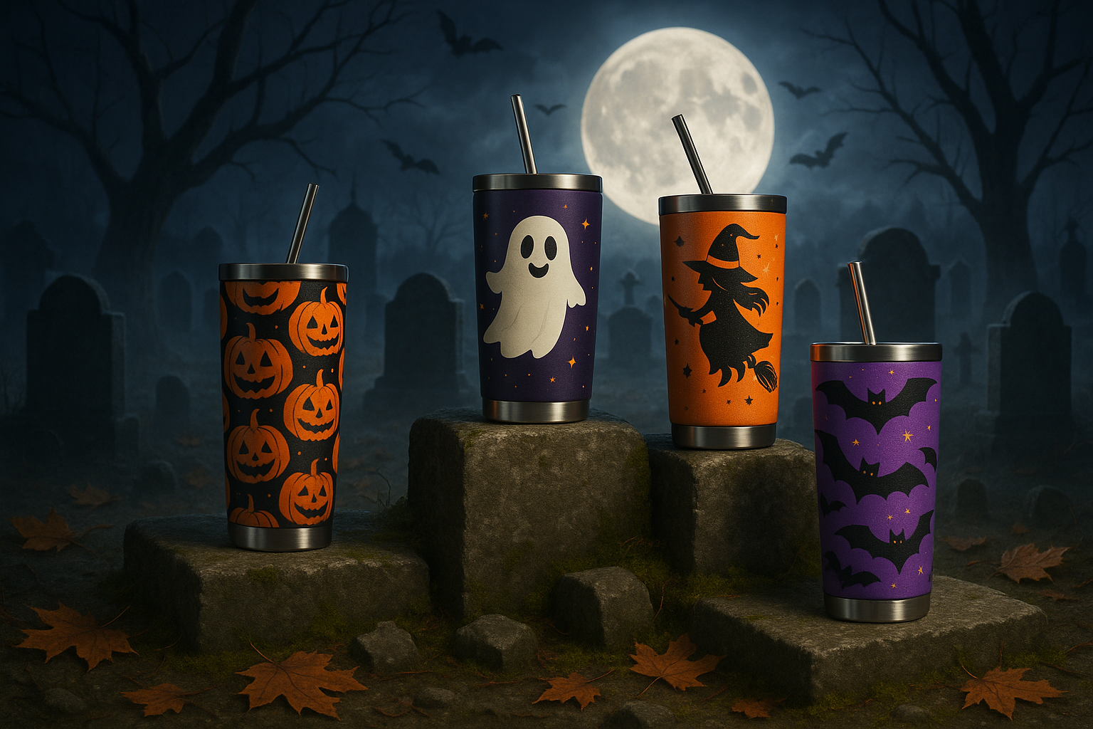 custom halloween tumblers in a graveyard full moon spooky evening