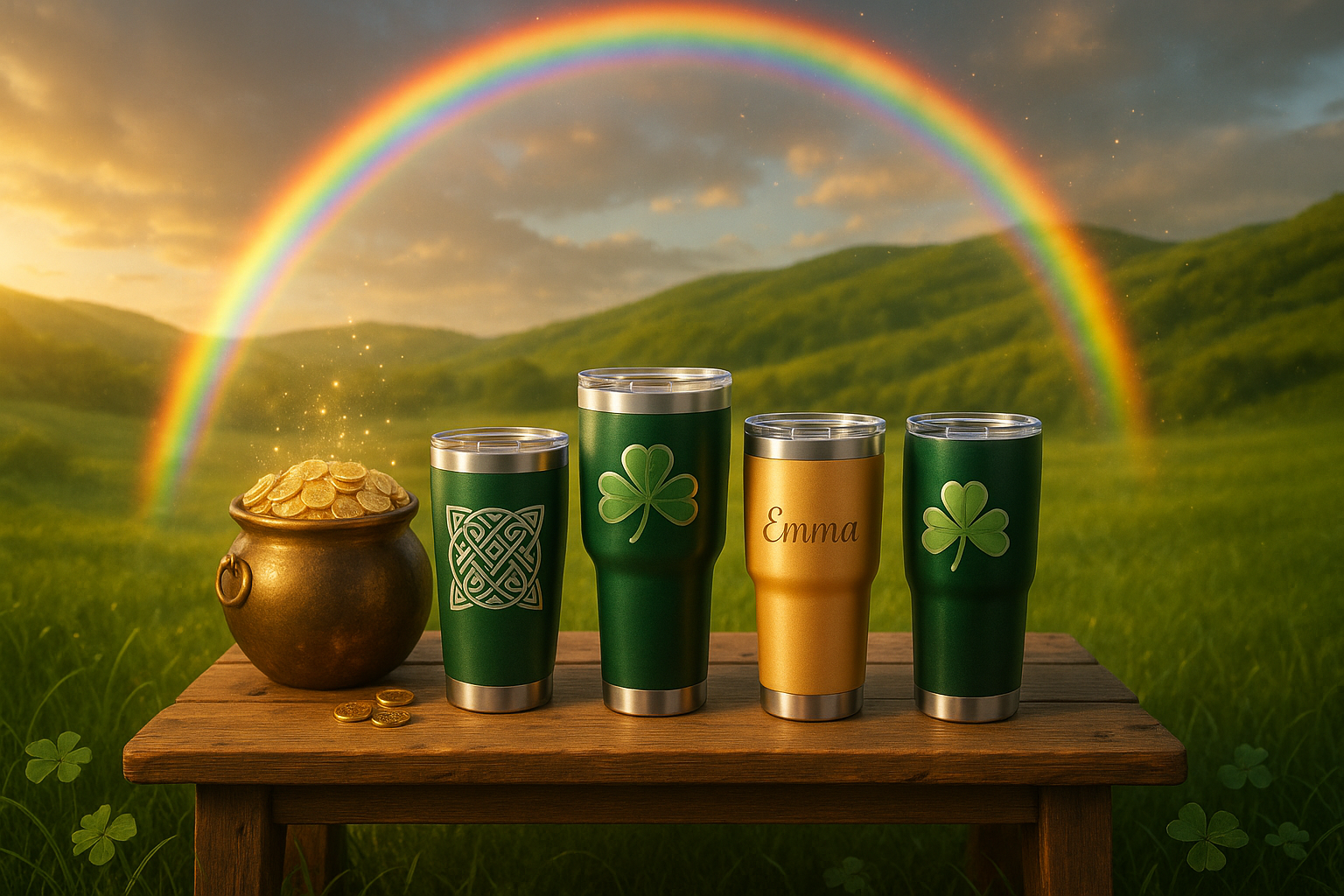 custom tumblers on a table at the end of a rainbow pot of gold